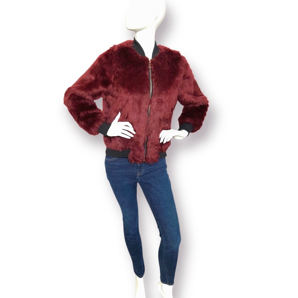 Say What? Women Burgundy Faux Fur Bomber Jacket with Black Rib Knit. NWOT.